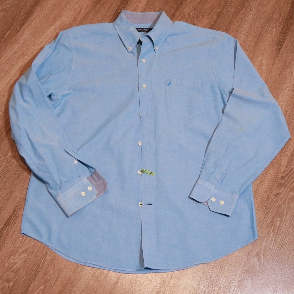 Nautica Mens Large Light Blue Oxford Button Down Long Sleeve Cotton Shirt‎